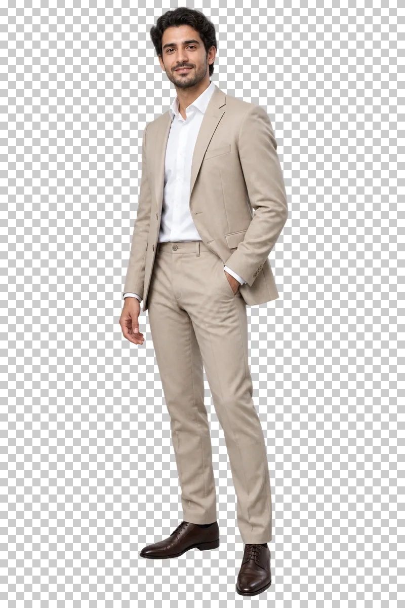 A man in a beige suit standing with one hand in his pocket.