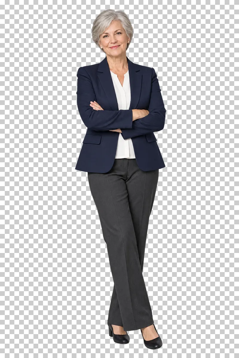 A silver-haired woman in a navy blazer standing with her arms loosely crossed.