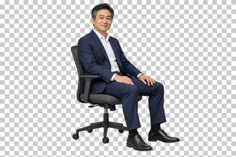 A man in a navy suit seated on a graphite office chair with his hands on his thighs.