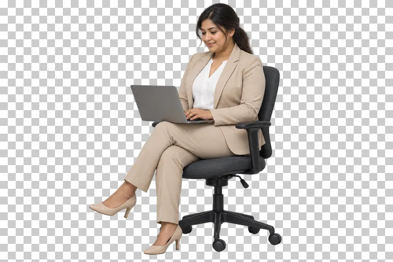 A woman in a beige suit seated on an office chair with a laptop on her lap.