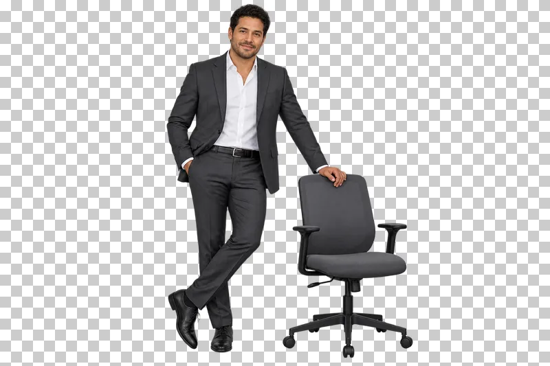 A man in a charcoal suit leaning with one hand on the back of an office chair.