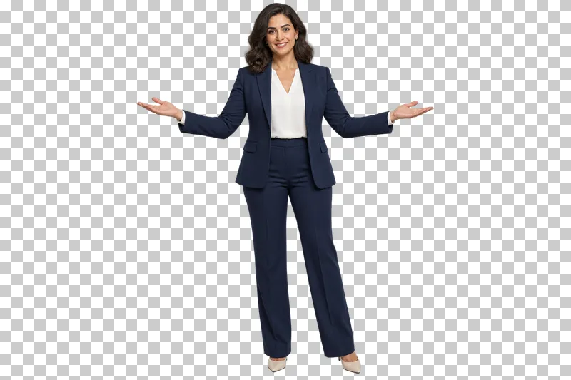 A woman in a navy trouser suit presenting with both arms extended and palms up.