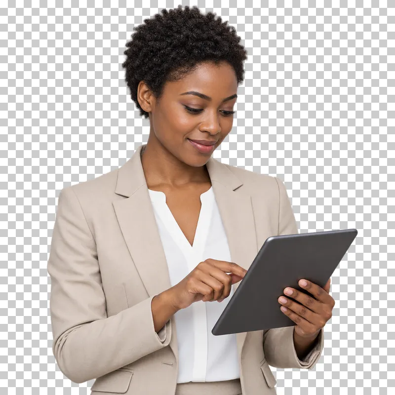 A waist-up portrait of a woman in a beige blazer using a graphite tablet.
