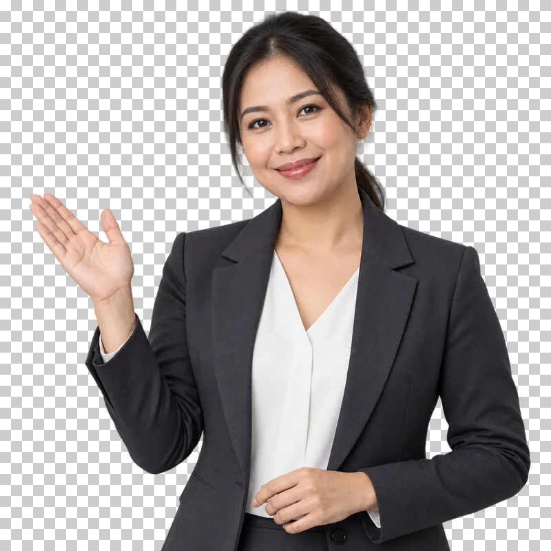 A waist-up portrait of a woman in a charcoal blazer raising an open hand in greeting.