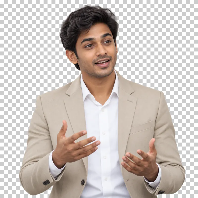 A waist-up portrait of a man in a beige blazer explaining an idea with both hands.