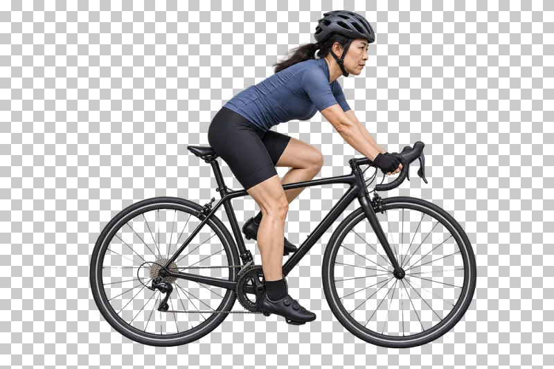 A woman in a slate-blue jersey leaning forward on a road bicycle.