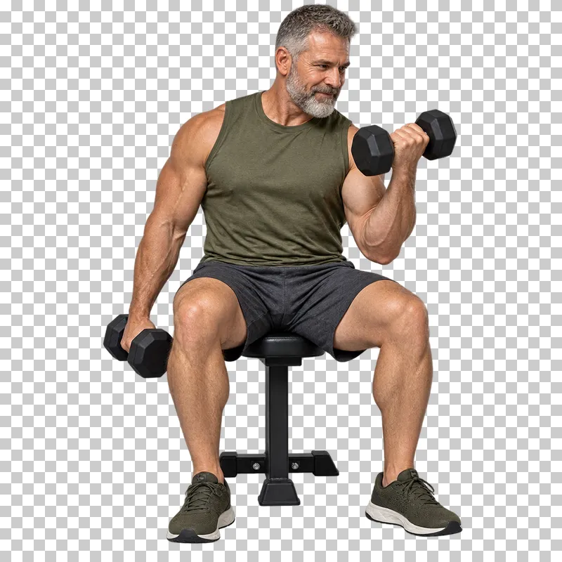 A bearded man in an olive sleeveless shirt seated on a stool and curling two dumbbells.