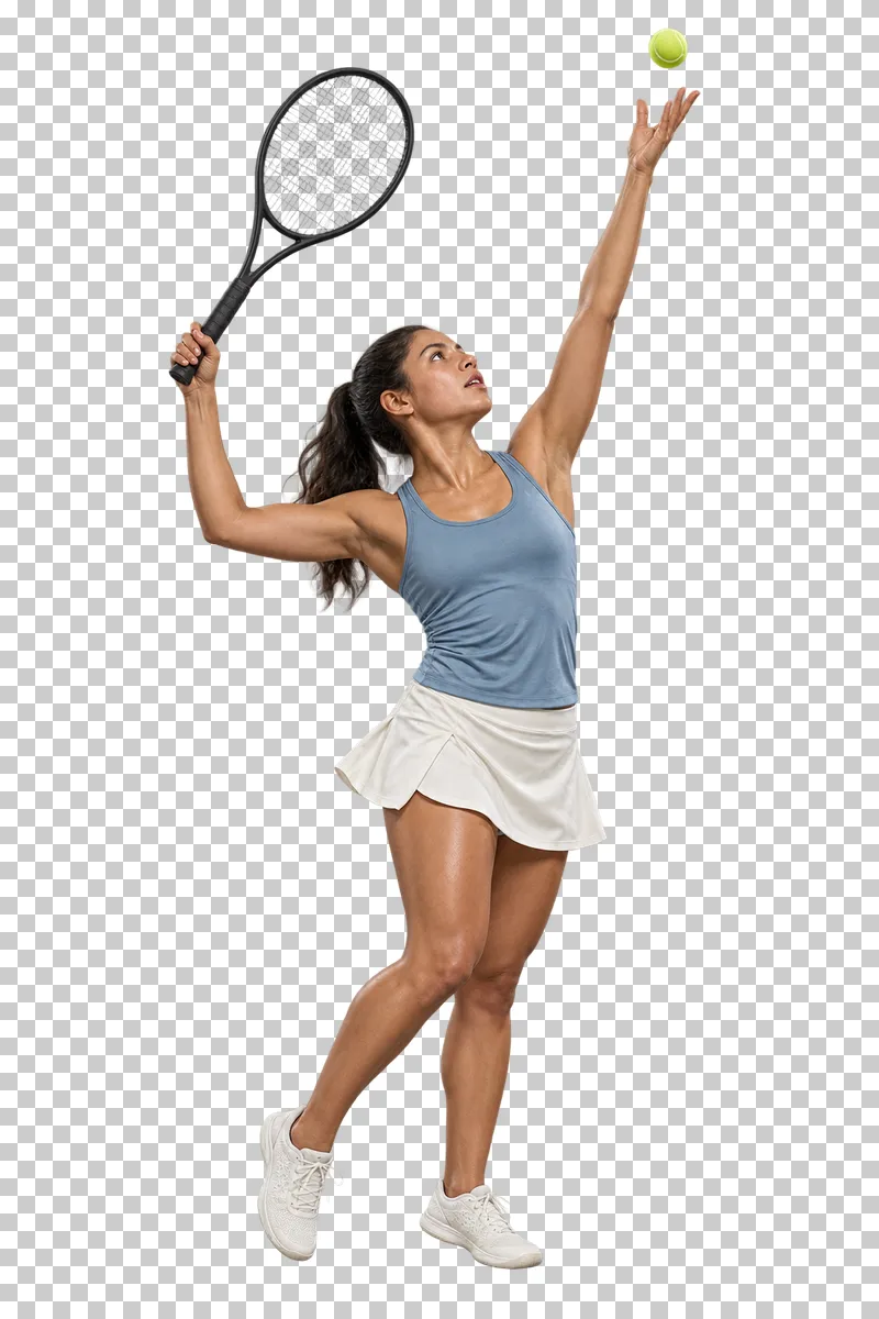 A woman in a dusty-blue top and ivory skirt tossing a tennis ball with her racket raised for a serve.
