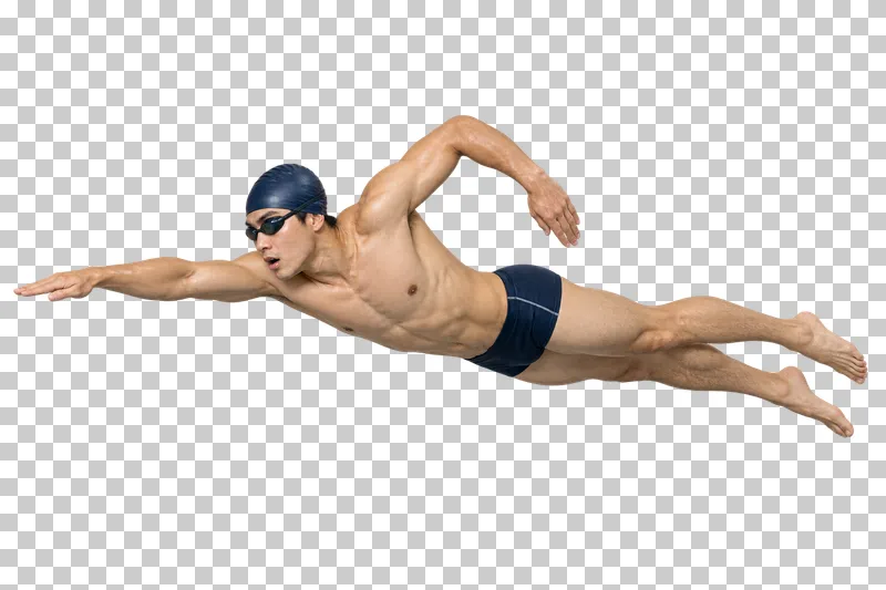 A man in navy swim trunks, a swim cap and goggles extending into a horizontal freestyle stroke.