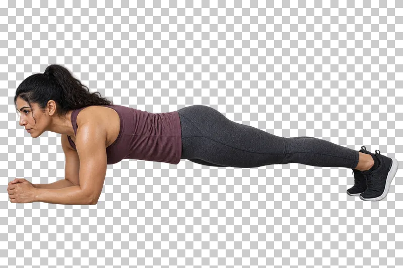 A woman in a plum top and charcoal leggings holding a forearm plank.