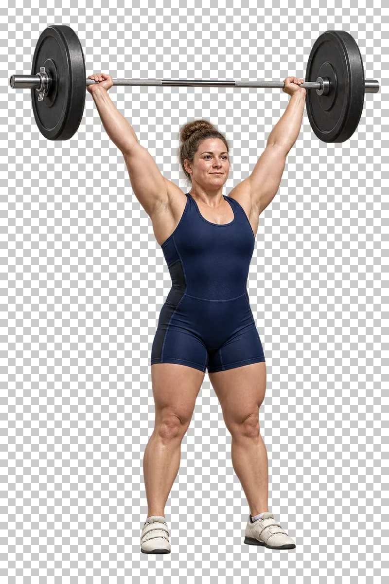 A woman in a navy lifting singlet holding a barbell overhead with both arms extended.