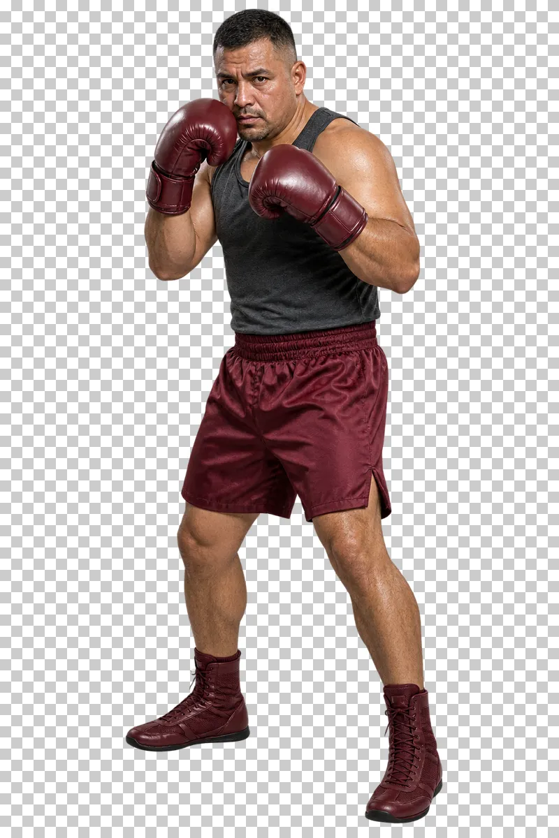 A man in a charcoal vest and burgundy shorts standing in guard with boxing gloves raised.