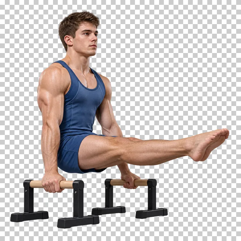 A man in a blue gymnastics singlet holding an L-sit on two low parallettes.