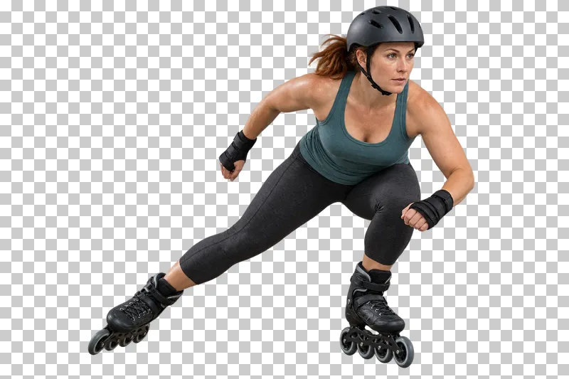 A woman in a teal top and charcoal leggings pushing sideways in a wide inline-skating stride.