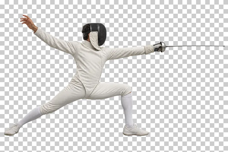 A masked fencer in an ivory uniform extending a foil in a deep forward lunge.