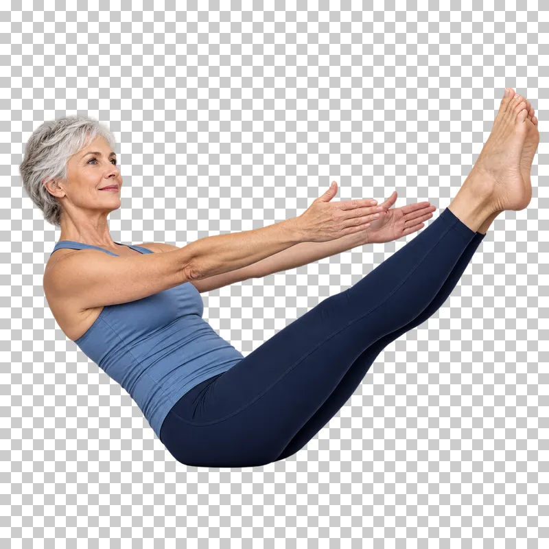 An older woman in a dusty-blue top and navy leggings balancing in a seated Pilates teaser.