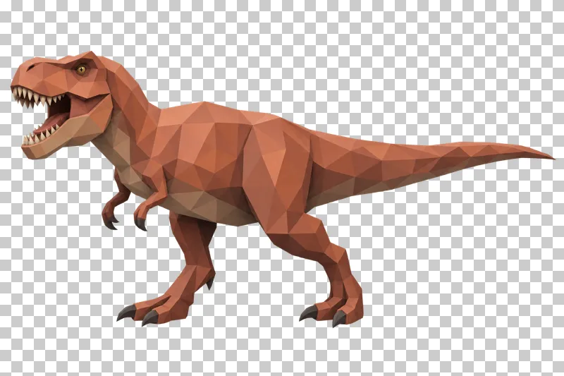 A terracotta low-poly Tyrannosaurus rex with a large head, small forearms and a long balancing tail.