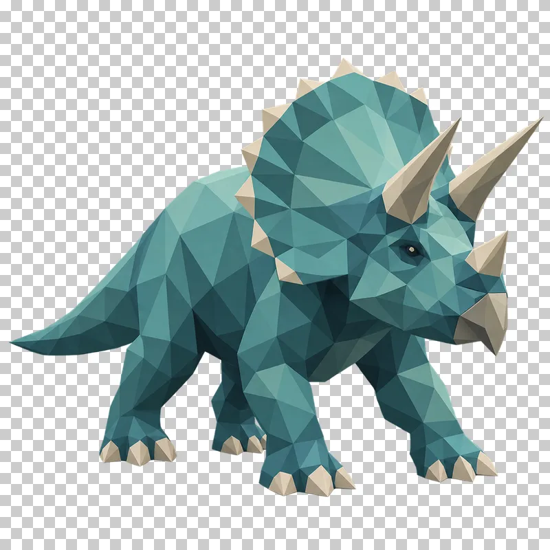 A teal low-poly Triceratops with three horns and a broad neck frill in three-quarter view.