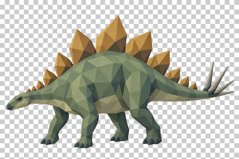 A sage low-poly Stegosaurus with ochre back plates and a spiked tail.