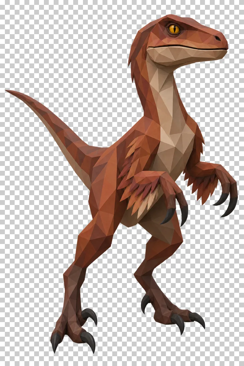 A rust-colored low-poly Velociraptor standing on its hind legs with feathered forearms.