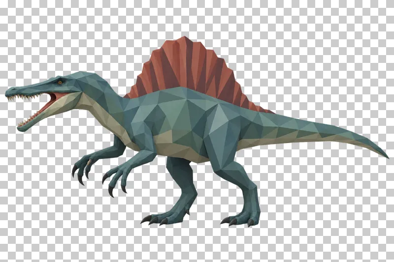 A blue-green low-poly Spinosaurus with an elongated snout and a clay-red back sail.