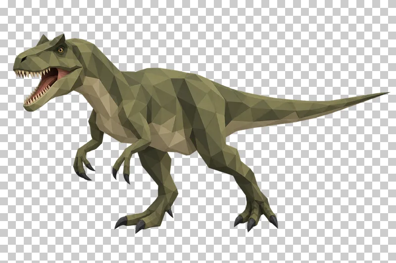 An olive low-poly Allosaurus with clawed forearms and a long tail.