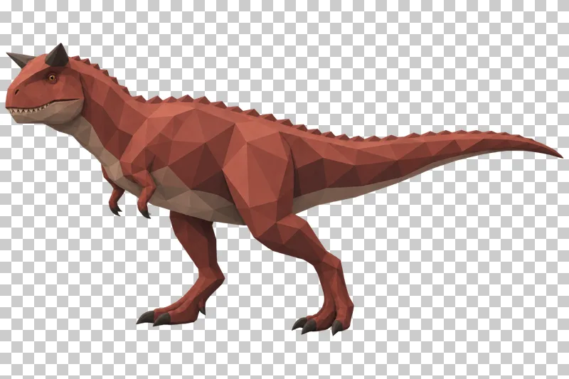 A brick-red low-poly Carnotaurus with two brow horns and small forearms.
