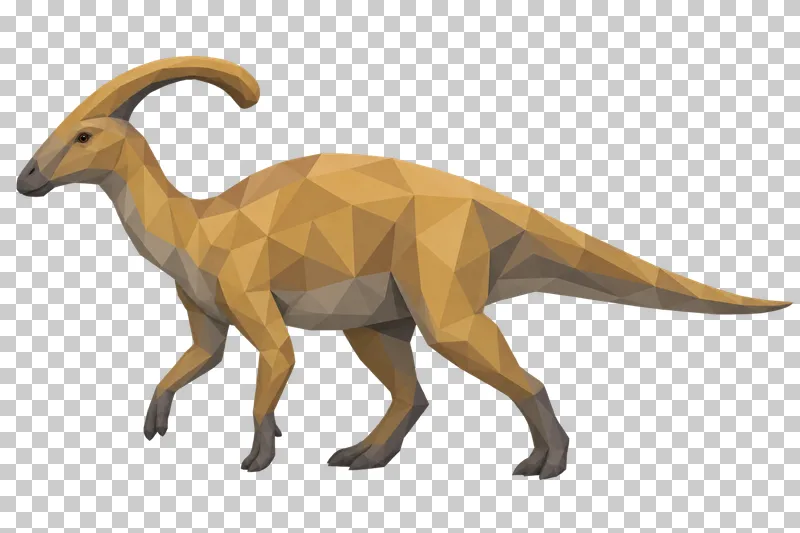 An ochre low-poly Parasaurolophus with a long curved head crest.