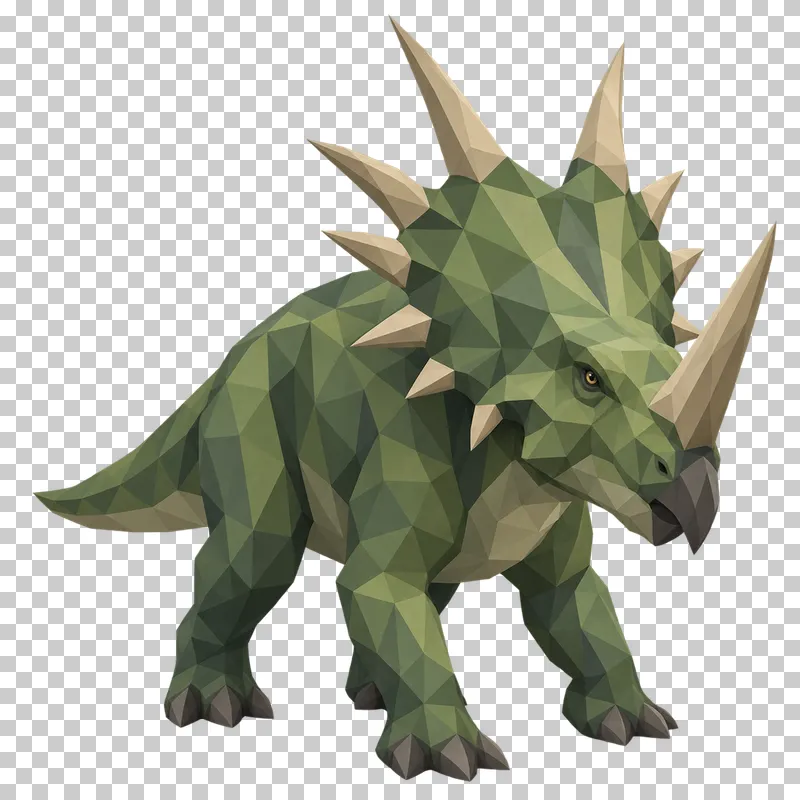A moss-green low-poly Styracosaurus with a long nose horn and spikes around its neck frill.