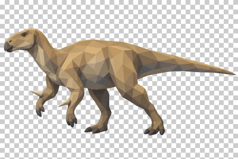 A sand-colored low-poly Iguanodon with a long tail and pointed thumb spikes.