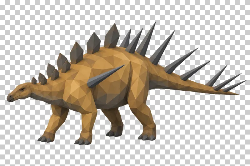 An ochre and slate low-poly Kentrosaurus with front back plates and long rear spikes.