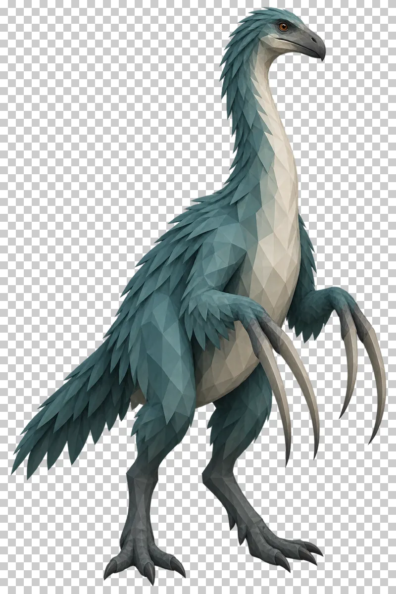 A teal low-poly Therizinosaurus standing upright with feathered arms and long claws.