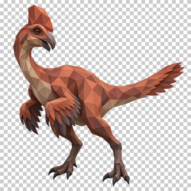 A terracotta low-poly Oviraptor with a head crest, short beak and feathered arms.