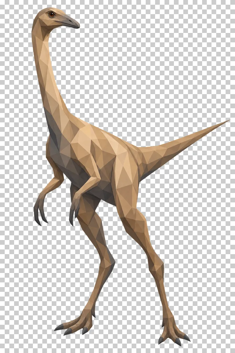 A sand-colored low-poly Gallimimus with a slender neck and long hind legs.