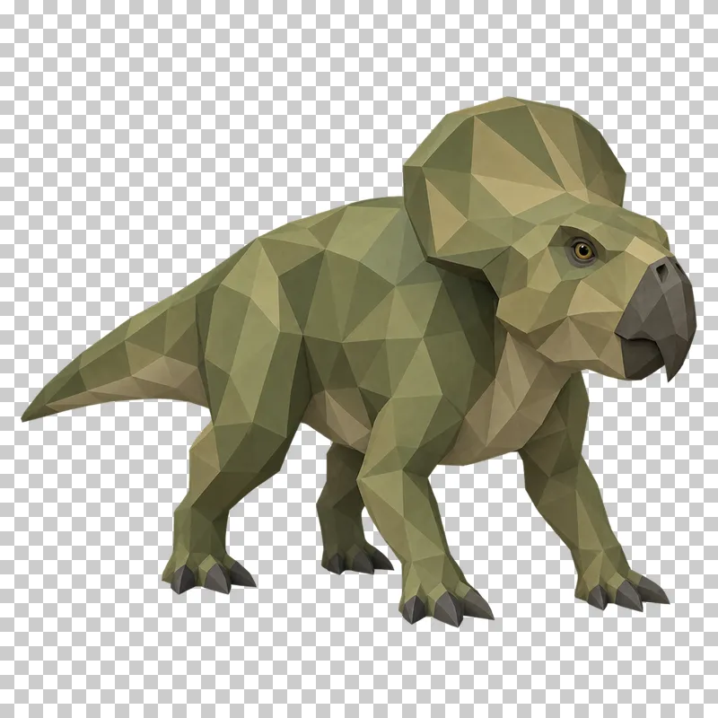 An olive low-poly Protoceratops with a parrot-like beak and a compact neck frill.