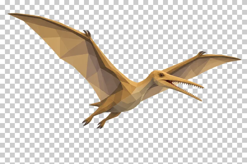 An ochre low-poly Pterodactylus with spread membrane wings and long toothed jaws.