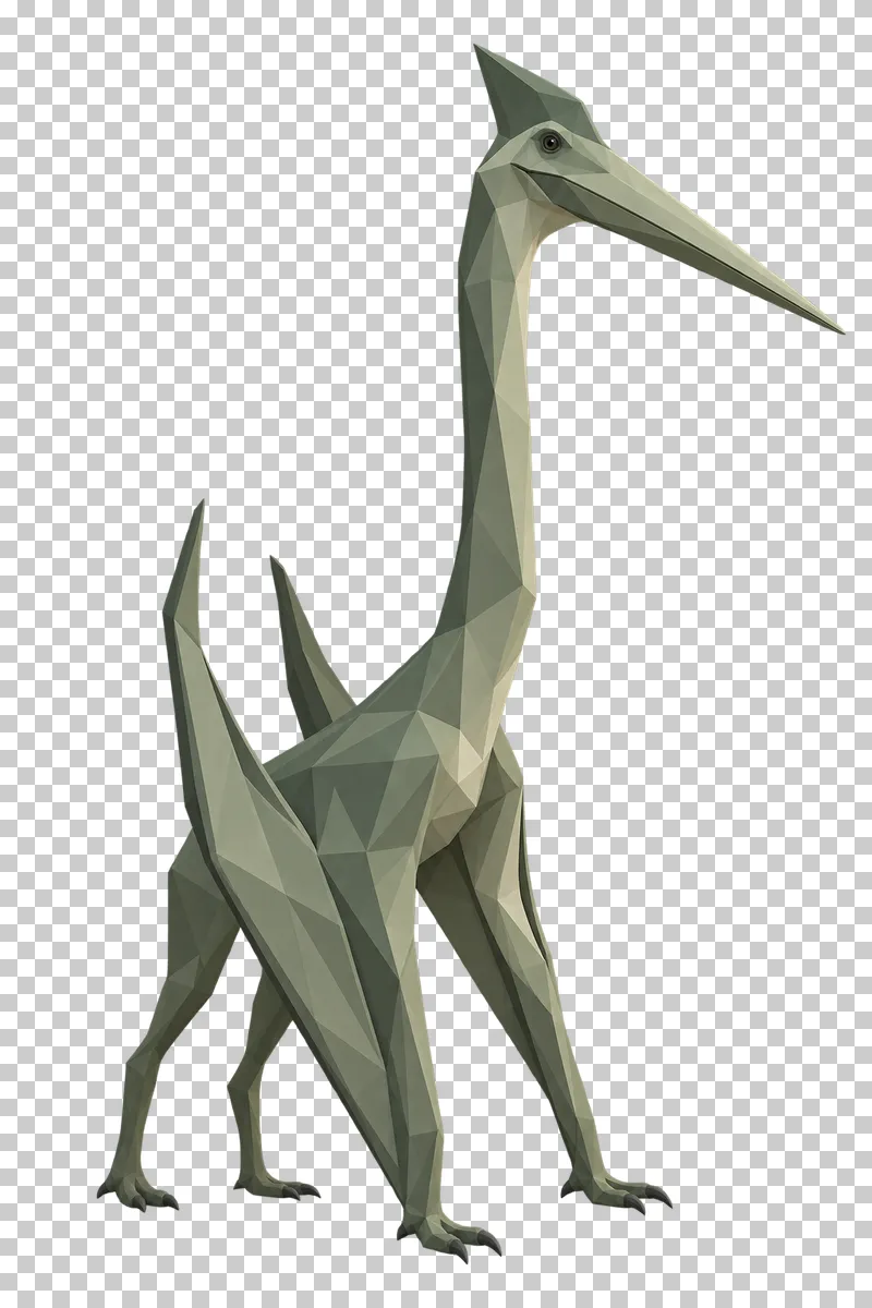 A sage low-poly Quetzalcoatlus with an upright neck, pointed beak and folded wings in a four-limbed stance.