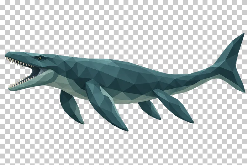 A deep-teal low-poly Mosasaurus with a toothed jaw, four flippers and a long tail.