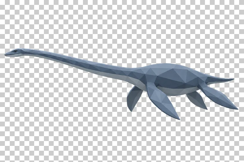 A blue-gray low-poly Elasmosaurus with an elongated neck and four flippers.