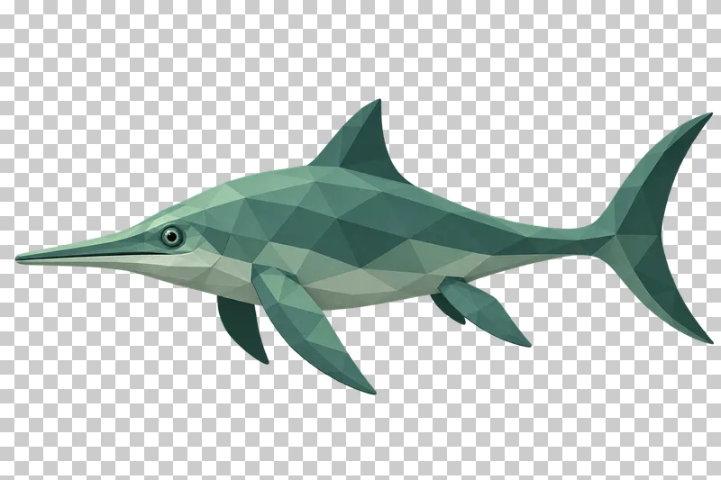 A sea-green low-poly Ichthyosaurus with a streamlined body, pointed snout and tail fin.