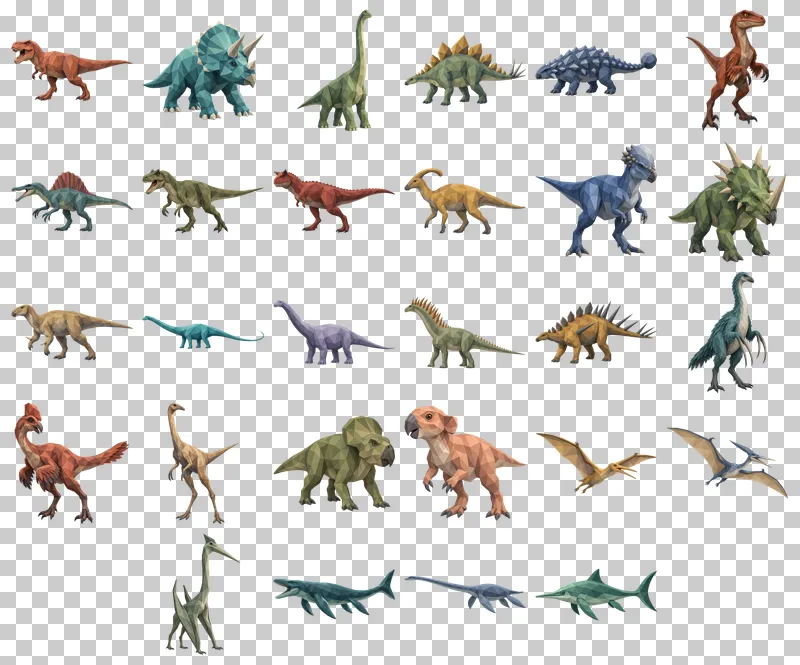 Low Poly Dinosaurs PNG Collection: all 28 elements in one grid