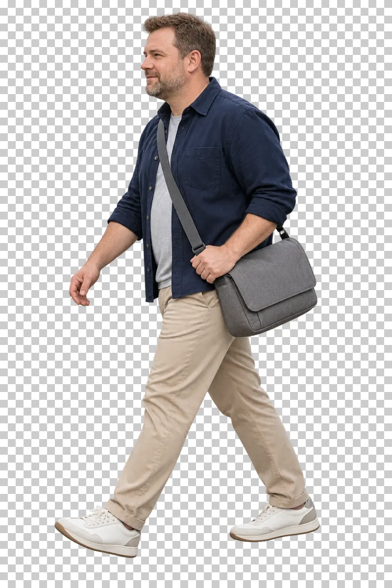 A man in a navy overshirt and beige chinos carrying a gray messenger bag.