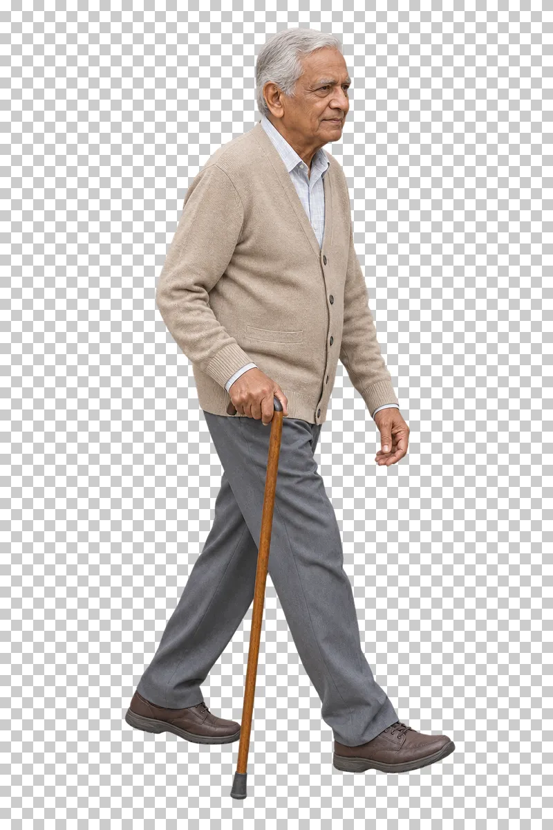 A senior man in a beige cardigan and gray trousers walking with a wooden cane.
