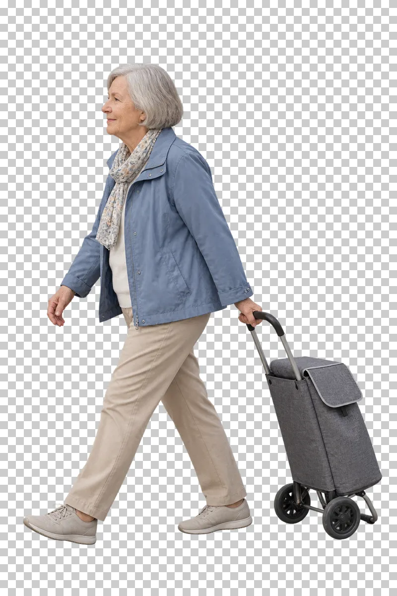 A senior woman in a dusty blue jacket pulling a gray shopping trolley.