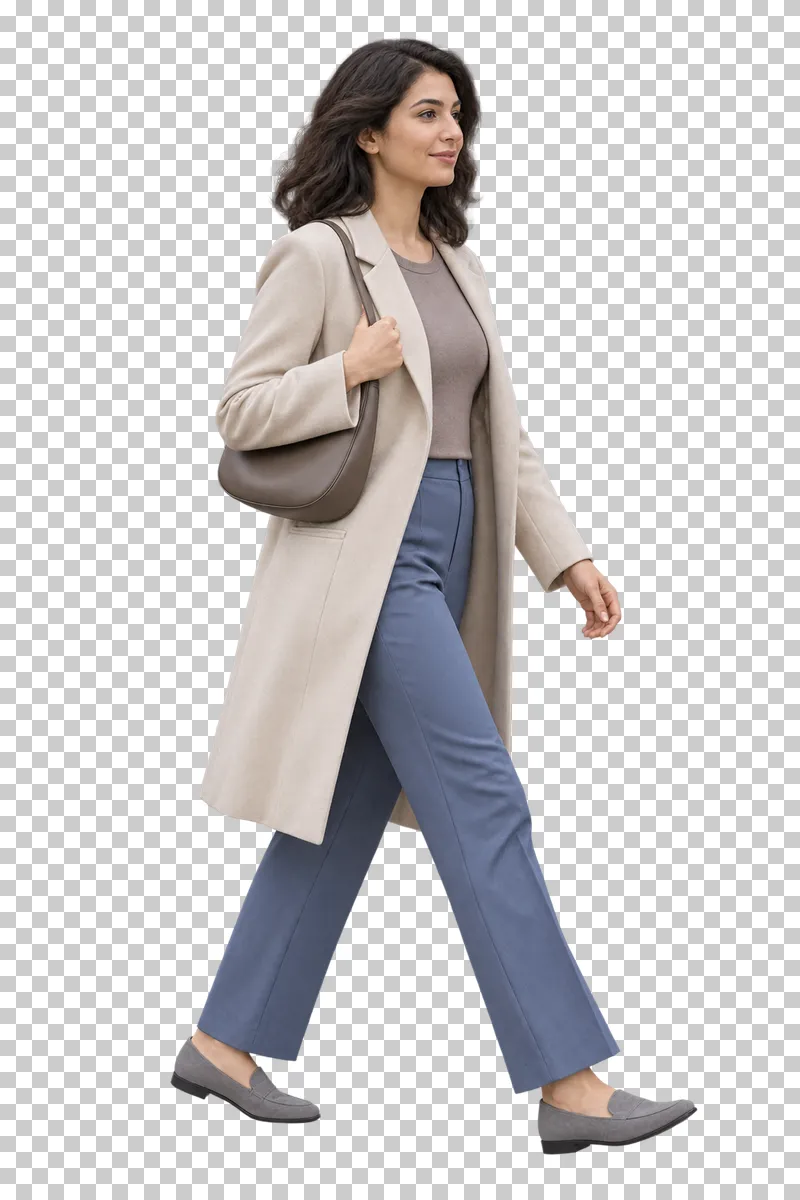 A woman with uncovered dark wavy hair walking in a light beige coat and blue trousers with a shoulder bag.