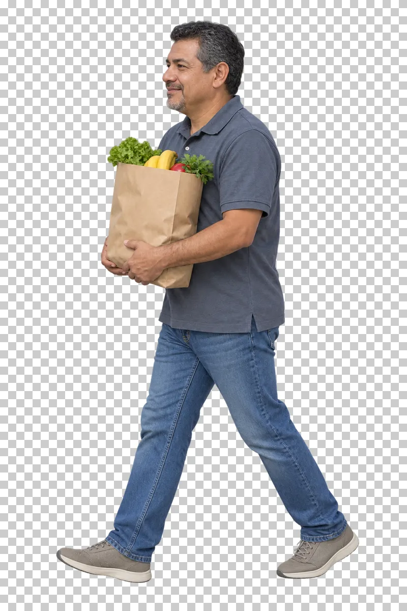 A man walking with a plain paper grocery bag.