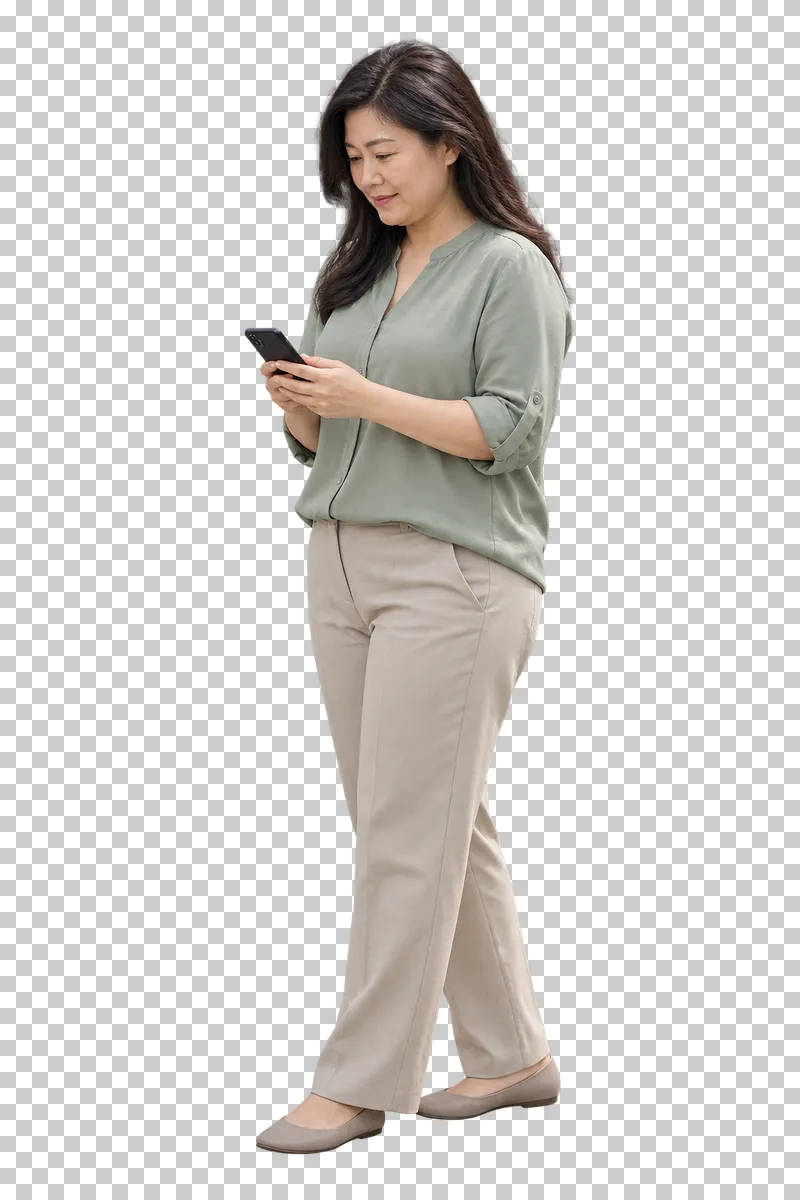 A woman looking at her phone while standing in casual clothing.