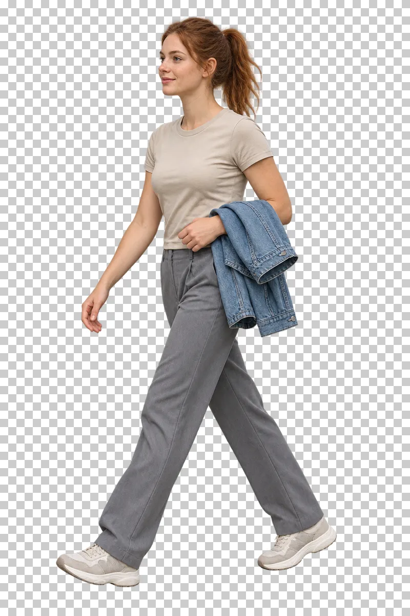 A woman walking with a folded jacket carried over her arm.