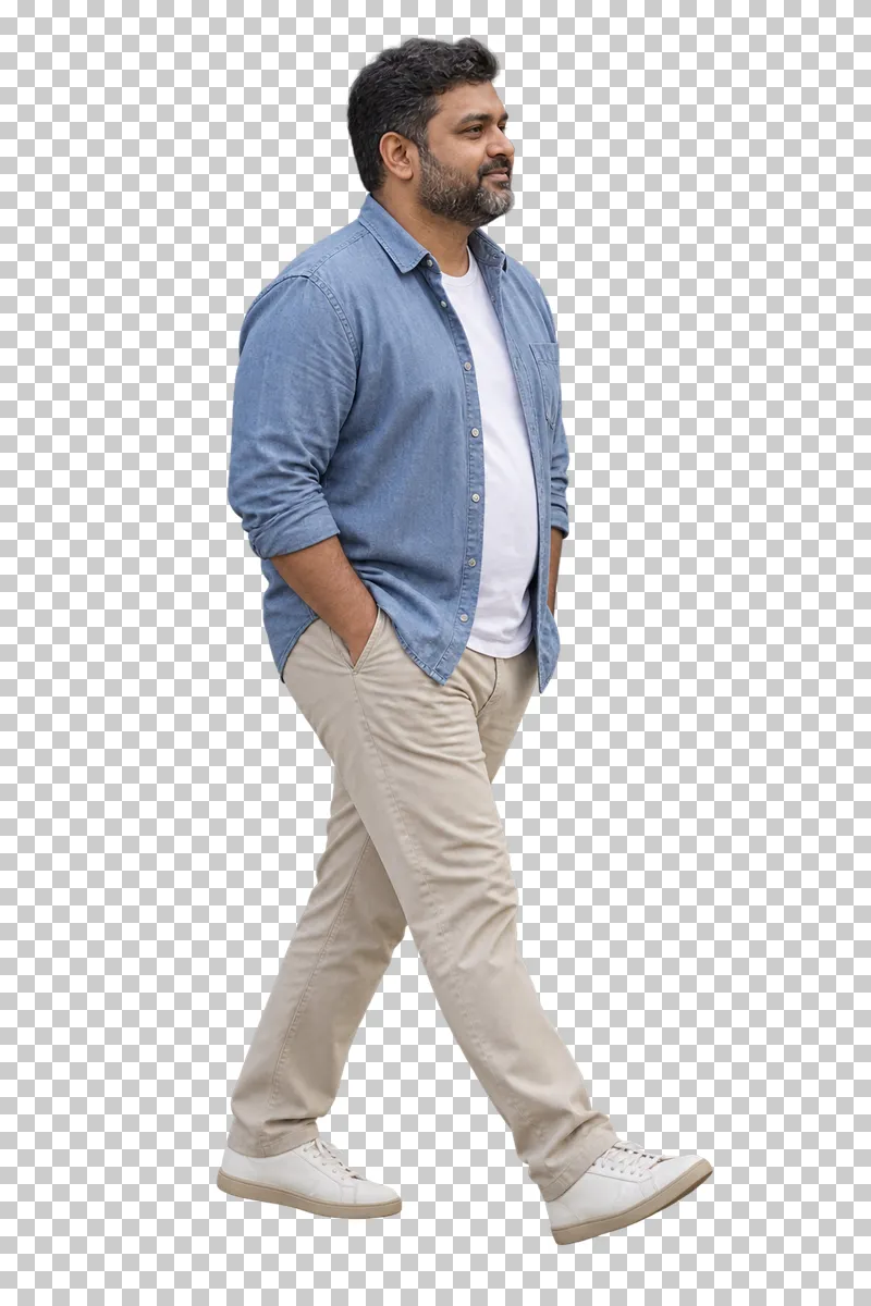 A man walking with his hands in his trouser pockets.