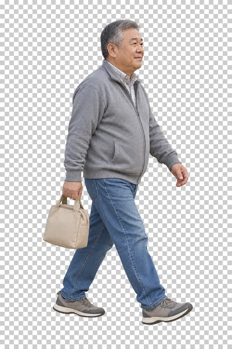 A man walking with a lunch bag.